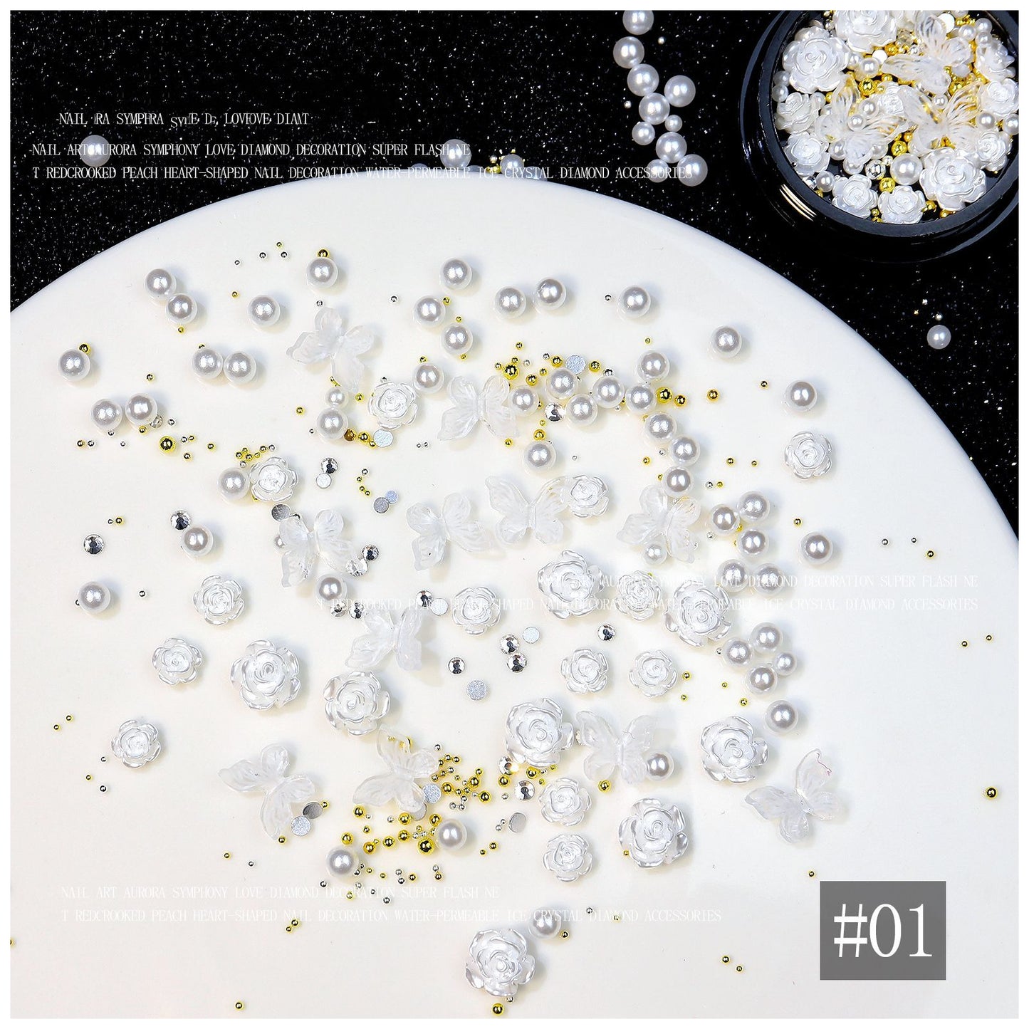 NZJ024 1 Box Rose Flower Black Little Magic Box Set Nail Art Decoration Camellia Pearl Bow Knot Mixed 3D Fingernail DIY Accessories