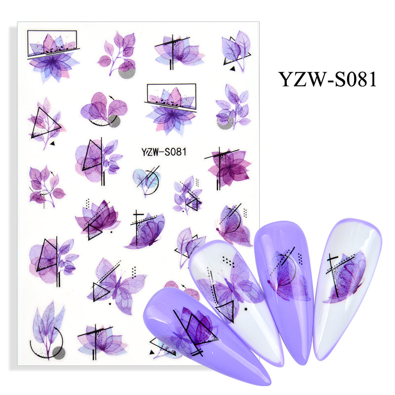 NS5D008   Black Lines Flower Leaves Water Decals Stickers Plant simple line nail stickers