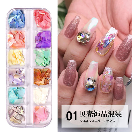 FDMC003 12 Colors Mixed Nail Art Shell Jewelry Box, Fragment Nail Art Shell Stone Set