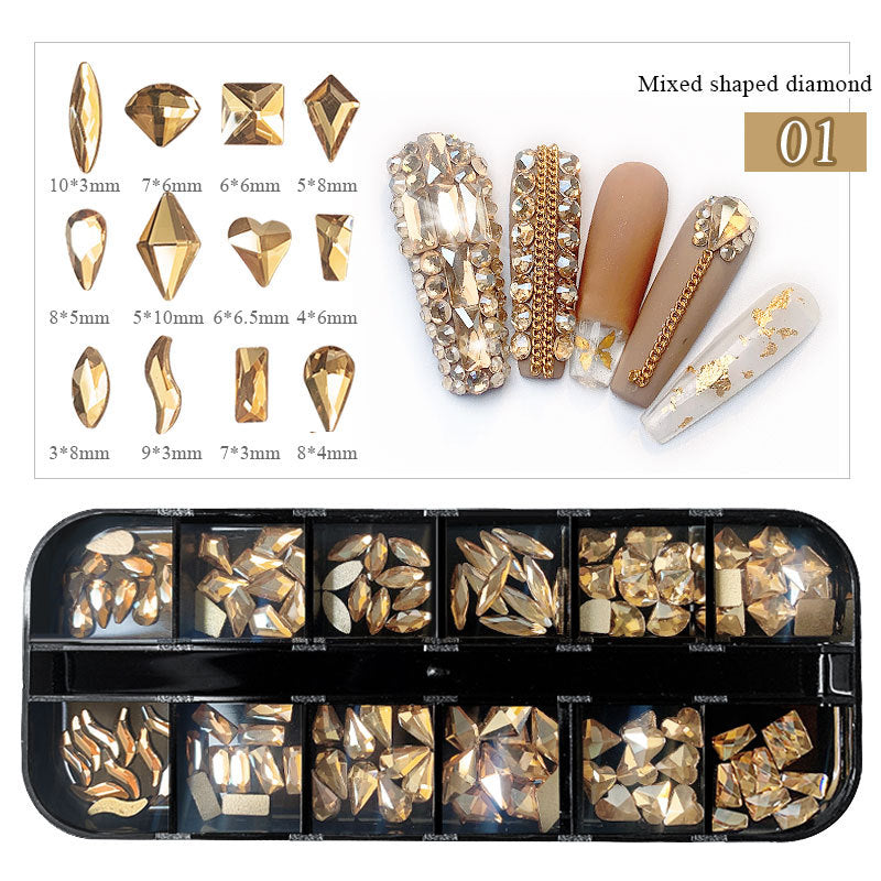 FDMC012 Nail Art Diamonds 12-Grid Set, Boxed Flat Bottom Shaped Drills, Stained Glass Drills
