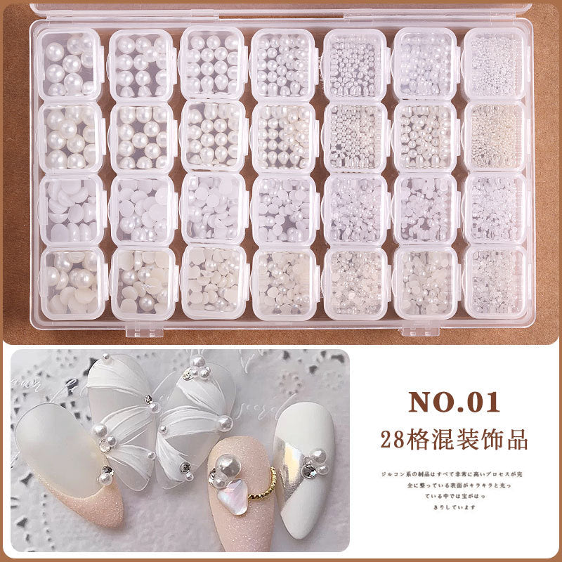 FDMD006 Assortment of 28 Nail Art Accessories, Pearl Rivets, Steel Beads, Shells, Gold and Silver Foil, Nail Shop Jewelry Box