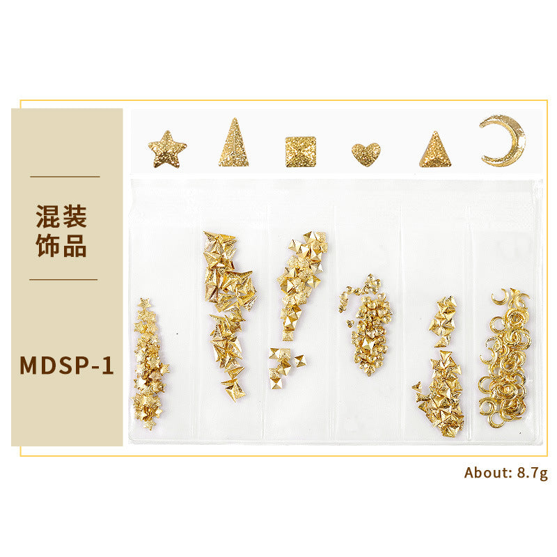 FDMD018 New nail art star and moon rivet jewelry, hollow metal frame patch diy nail decoration 6 grids, bag