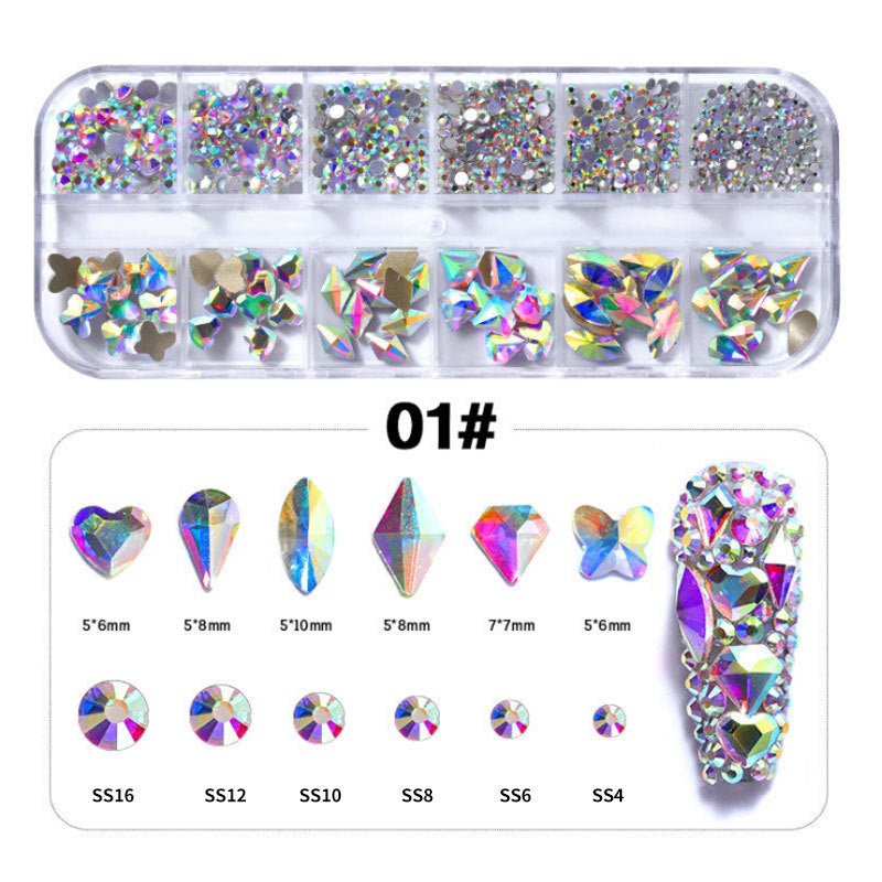 FDMC032 Hot sale DIY diamond jewelry, manicure high silver flat bottom diamond, magic color AB rhinestone, 12 grid long box set