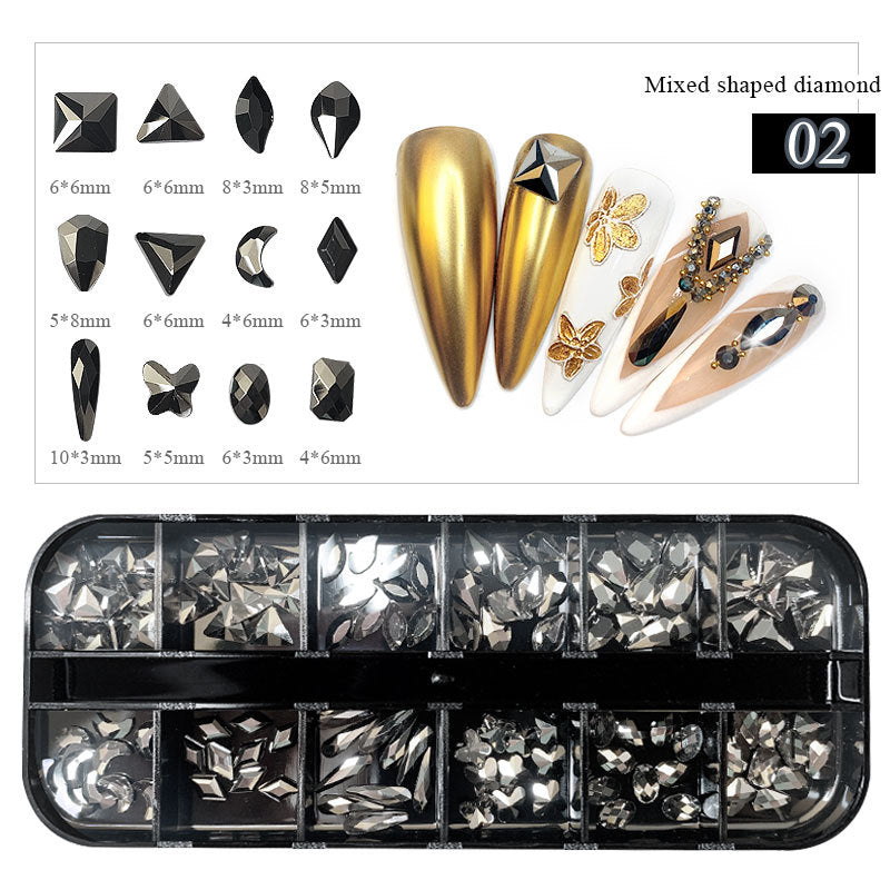 FDMC012 Nail Art Diamonds 12-Grid Set, Boxed Flat Bottom Shaped Drills, Stained Glass Drills
