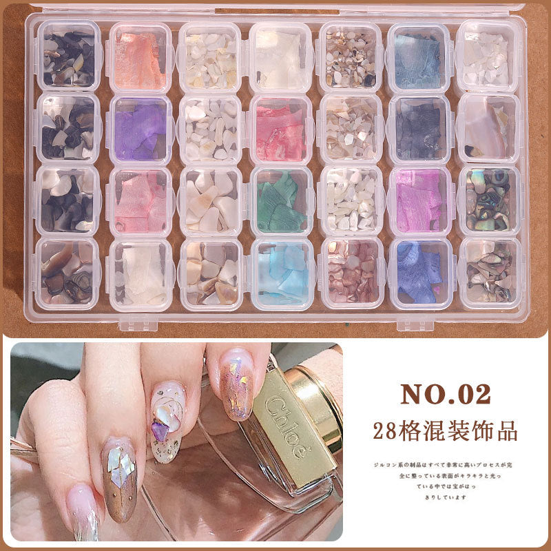 FDMD006 Assortment of 28 Nail Art Accessories, Pearl Rivets, Steel Beads, Shells, Gold and Silver Foil, Nail Shop Jewelry Box