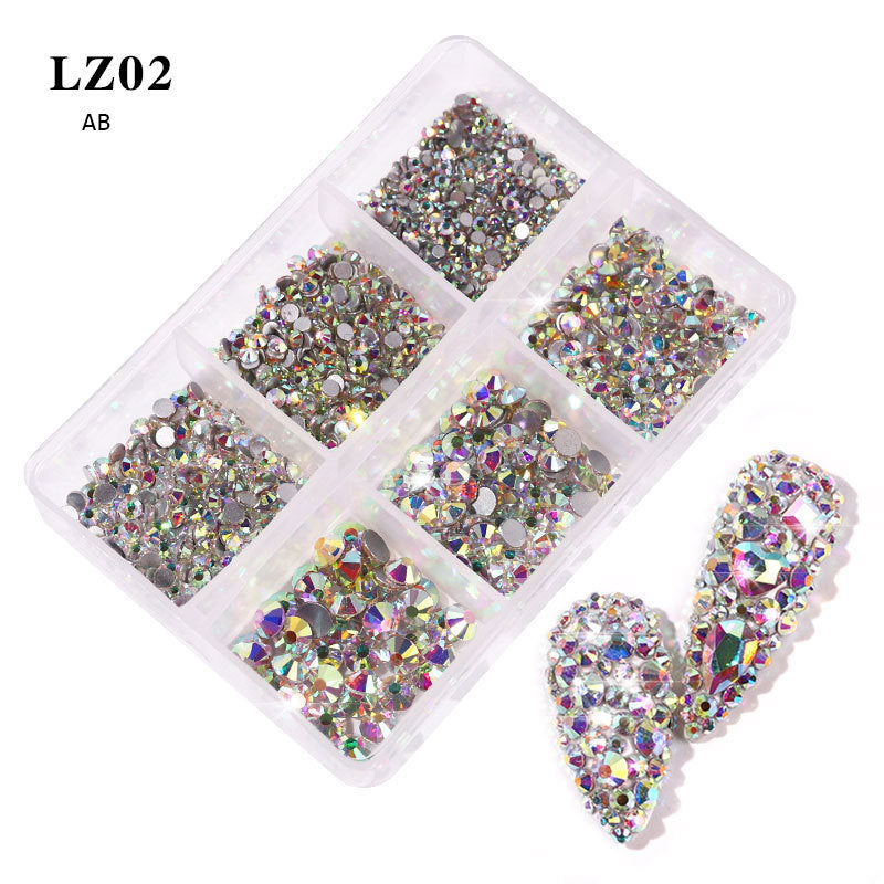 FDMA003 Manicure, flat bottom mixed color AB, porcelain white, champagne, 6 grid nail jewelry with diamonds