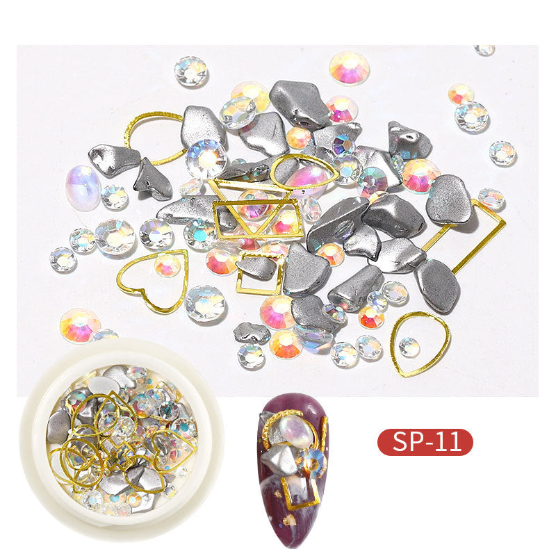 FDMC030 Nail Art Jewelry, Flat Bottom Shaped Diamond, Pearl Metal Ring Mixed Diamond Nail Jewelry