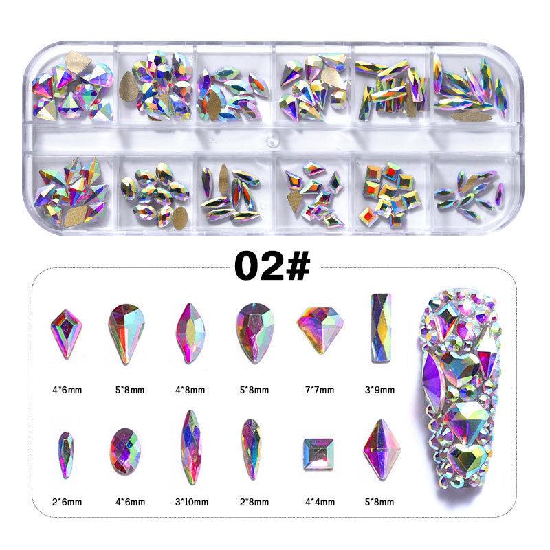 FDMC032 Hot sale DIY diamond jewelry, manicure high silver flat bottom diamond, magic color AB rhinestone, 12 grid long box set