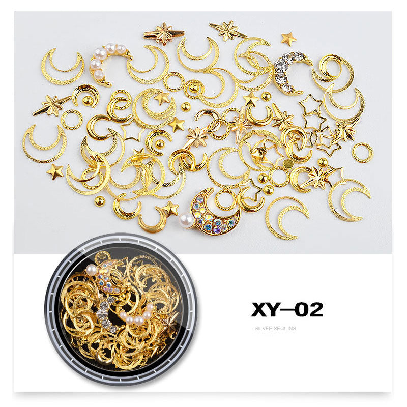 FDMC011 New manicure star and moon jewelry mixed set, metal copper round rivets sequins nail drill decorations
