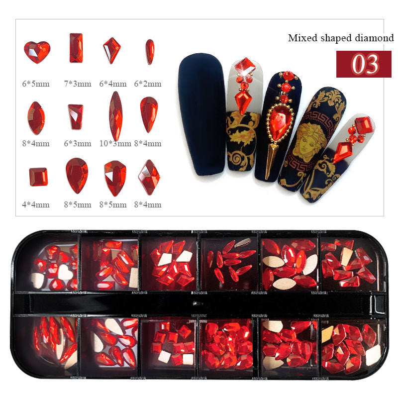FDMC012 Nail Art Diamonds 12-Grid Set, Boxed Flat Bottom Shaped Drills, Stained Glass Drills
