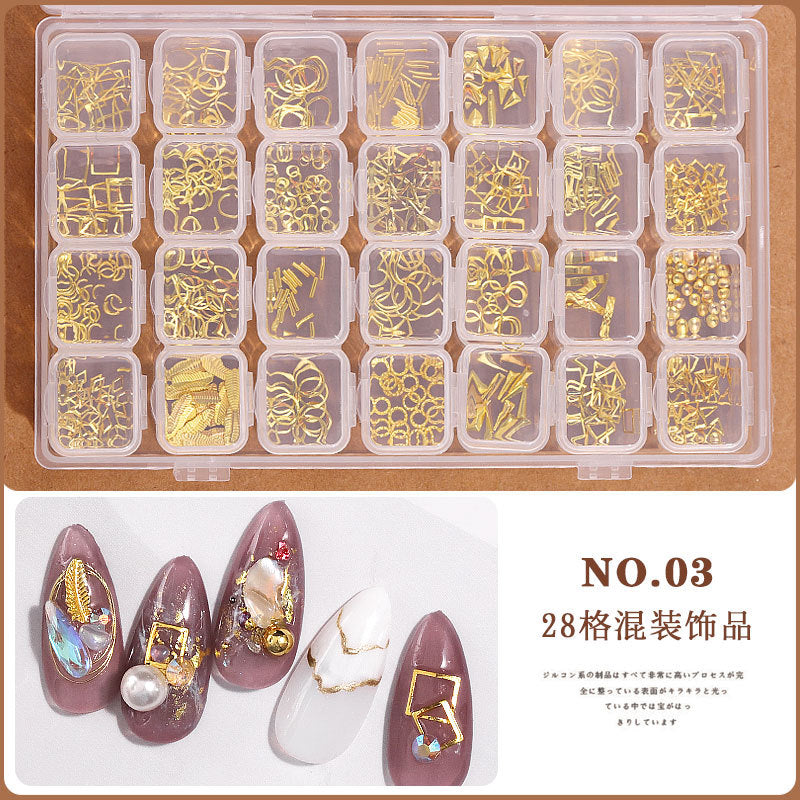 FDMD006 Assortment of 28 Nail Art Accessories, Pearl Rivets, Steel Beads, Shells, Gold and Silver Foil, Nail Shop Jewelry Box