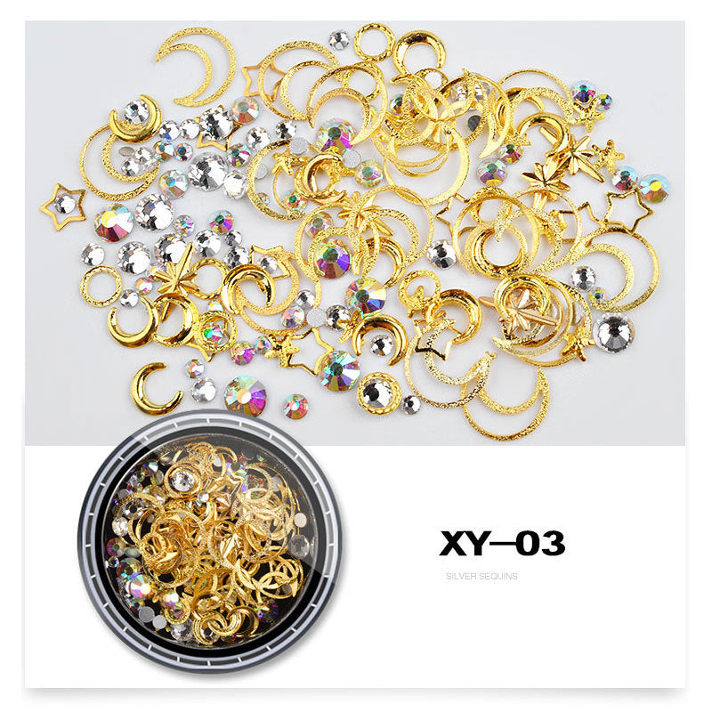 FDMC011 New manicure star and moon jewelry mixed set, metal copper round rivets sequins nail drill decorations