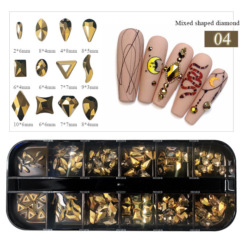 FDMC012 Nail Art Diamonds 12-Grid Set, Boxed Flat Bottom Shaped Drills, Stained Glass Drills