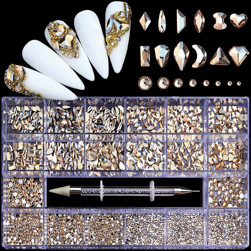 FDMC007 21-cell rhinestone box, nail drill flat-bottom glass special-shaped drill, DIY nail rhinestone nail jewelry set