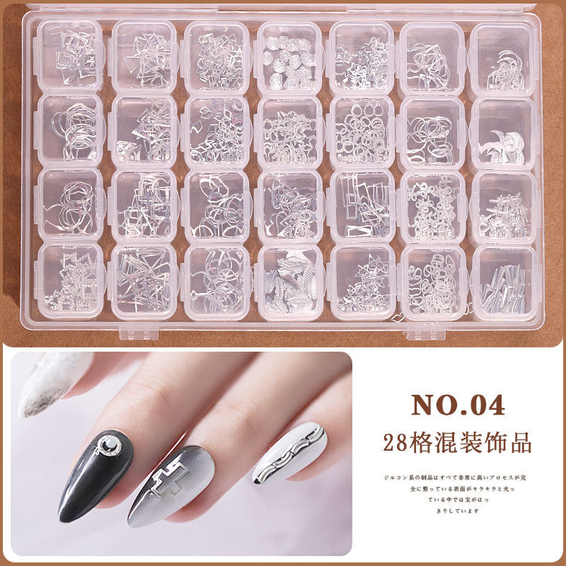 FDMD006 Assortment of 28 Nail Art Accessories, Pearl Rivets, Steel Beads, Shells, Gold and Silver Foil, Nail Shop Jewelry Box