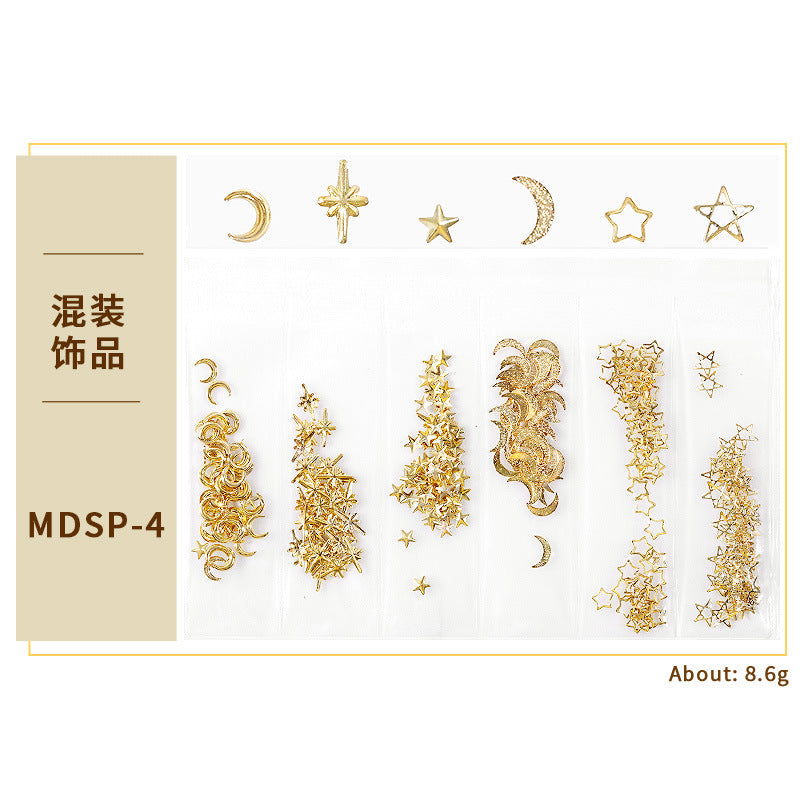 FDMD018 New nail art star and moon rivet jewelry, hollow metal frame patch diy nail decoration 6 grids, bag