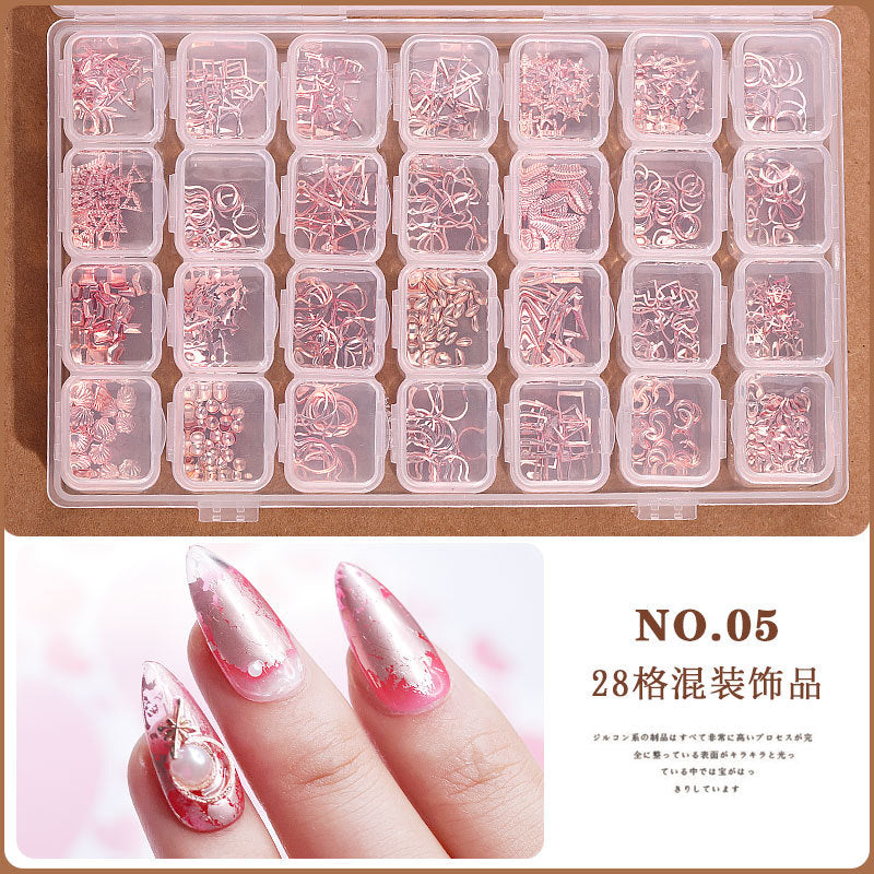 FDMD006 Assortment of 28 Nail Art Accessories, Pearl Rivets, Steel Beads, Shells, Gold and Silver Foil, Nail Shop Jewelry Box