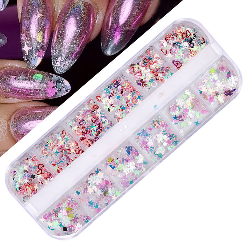 FDMD017 Hot Selling Nail Art Sequins, Heart Laser Symphony Butterfly Fluorescent Luminous Sequins, Boxed