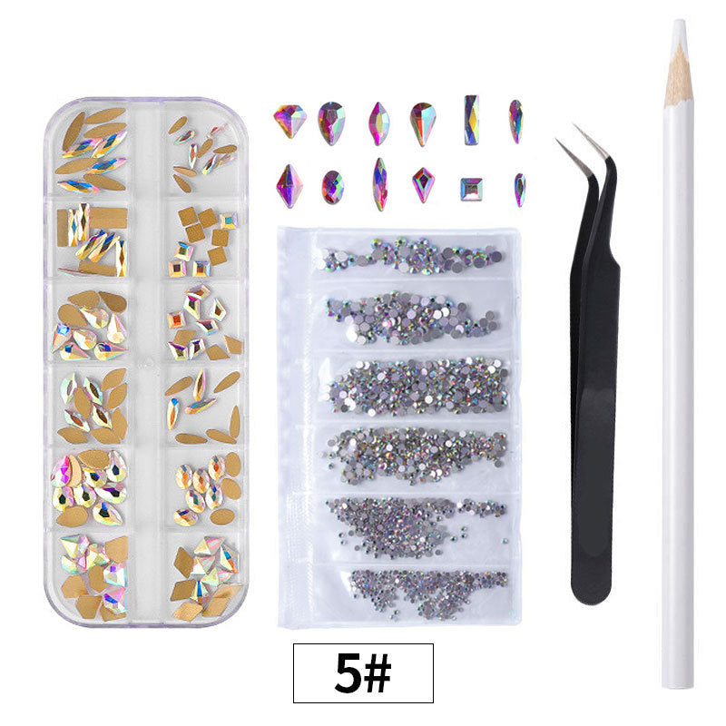 FDMC032 Hot sale DIY diamond jewelry, manicure high silver flat bottom diamond, magic color AB rhinestone, 12 grid long box set