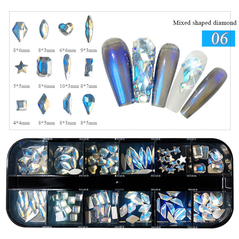 FDMC012 Nail Art Diamonds 12-Grid Set, Boxed Flat Bottom Shaped Drills, Stained Glass Drills