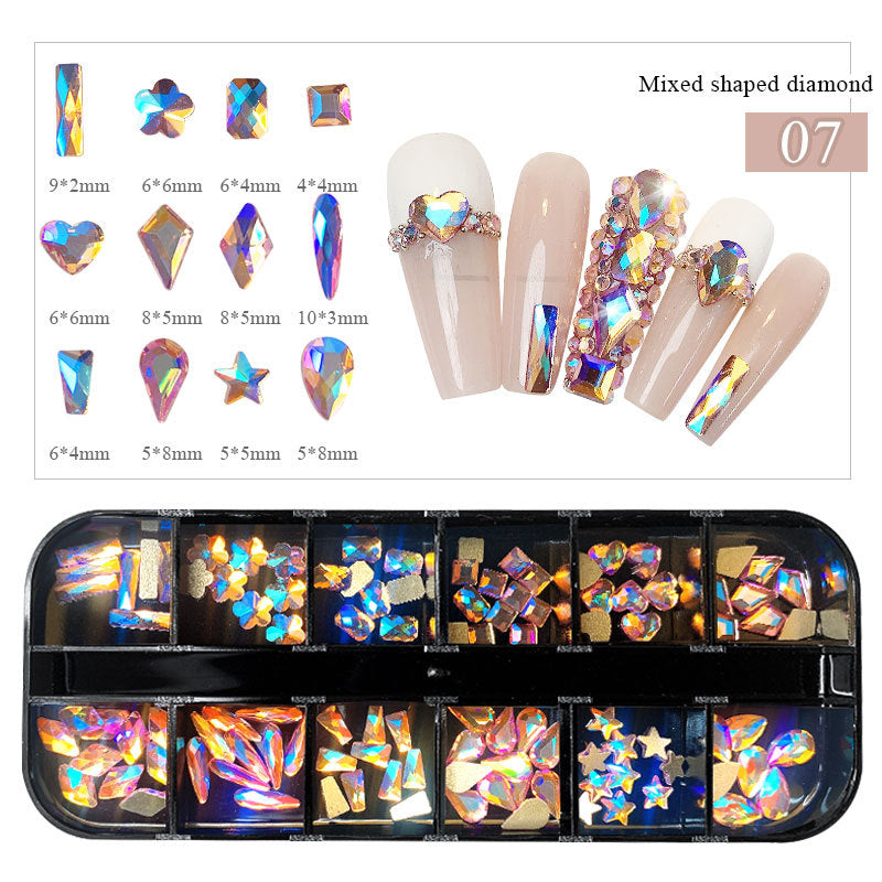 FDMC012 Nail Art Diamonds 12-Grid Set, Boxed Flat Bottom Shaped Drills, Stained Glass Drills