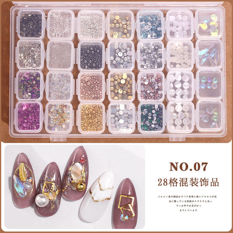 FDMD006 Assortment of 28 Nail Art Accessories, Pearl Rivets, Steel Beads, Shells, Gold and Silver Foil, Nail Shop Jewelry Box