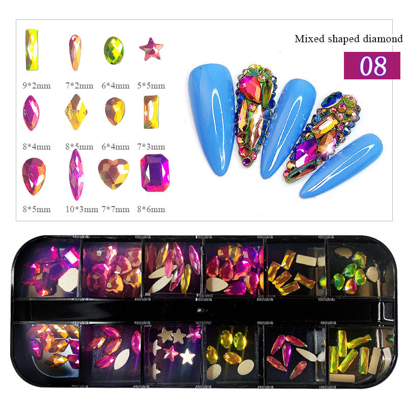 FDMC012 Nail Art Diamonds 12-Grid Set, Boxed Flat Bottom Shaped Drills, Stained Glass Drills