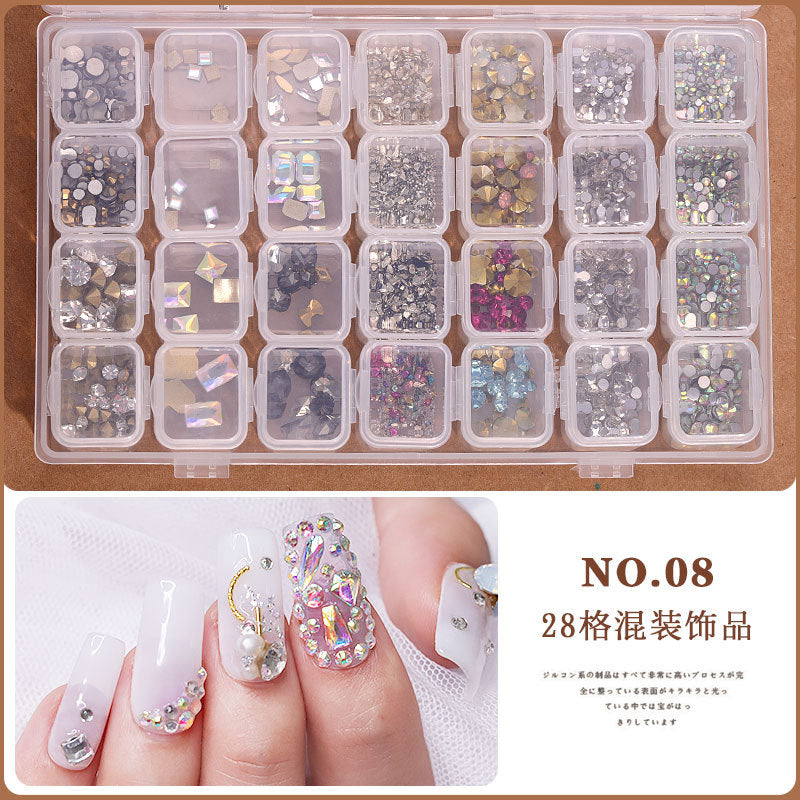 FDMD006 Assortment of 28 Nail Art Accessories, Pearl Rivets, Steel Beads, Shells, Gold and Silver Foil, Nail Shop Jewelry Box