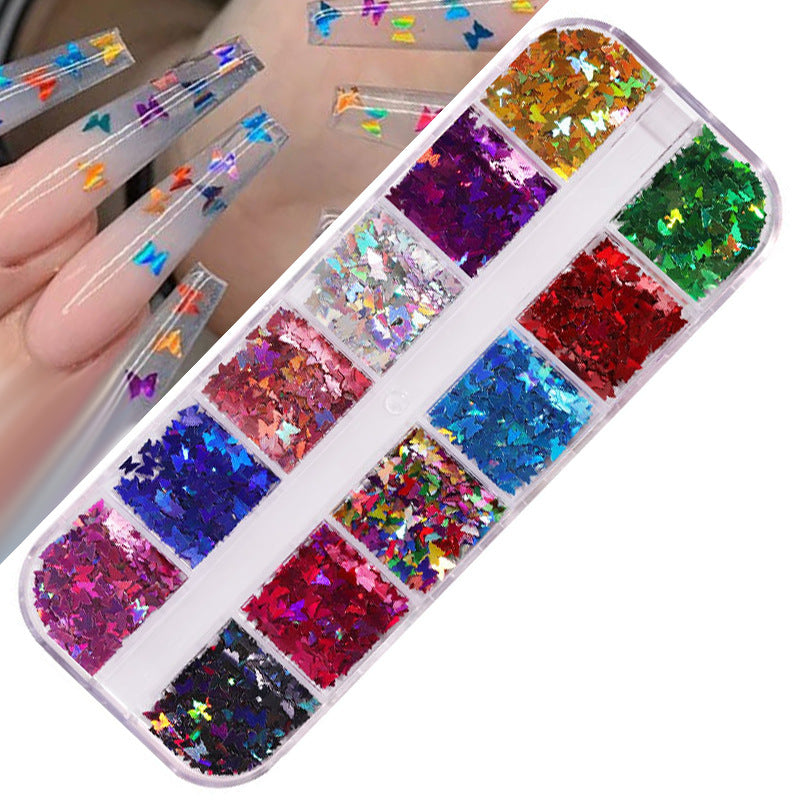 FDMD017 Hot Selling Nail Art Sequins, Heart Laser Symphony Butterfly Fluorescent Luminous Sequins, Boxed