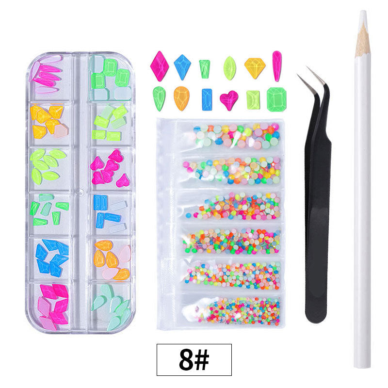 FDMC032 Hot sale DIY diamond jewelry, manicure high silver flat bottom diamond, magic color AB rhinestone, 12 grid long box set