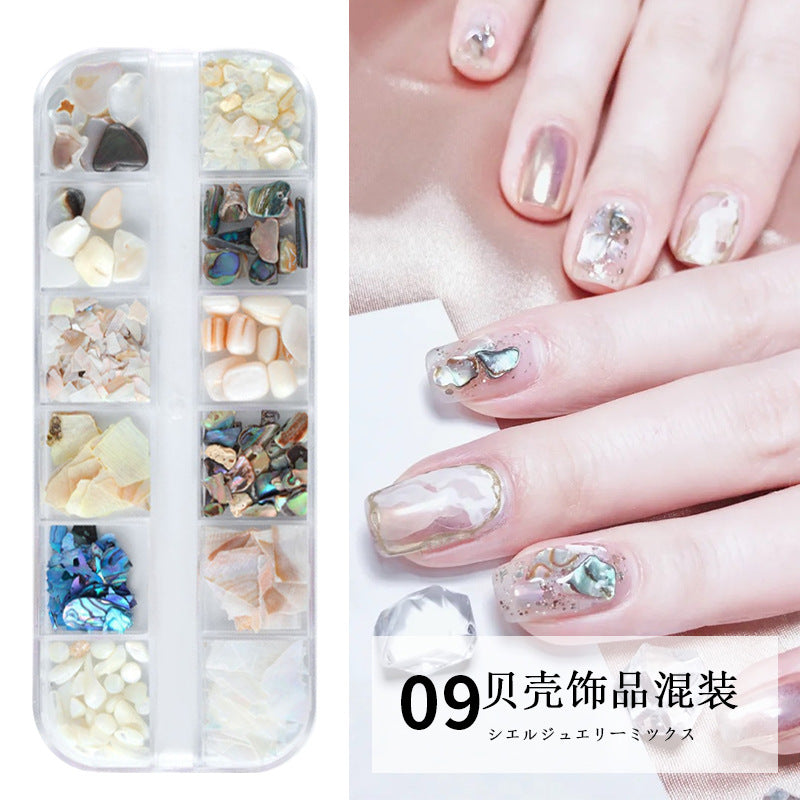 FDMC003 12 Colors Mixed Nail Art Shell Jewelry Box, Fragment Nail Art Shell Stone Set