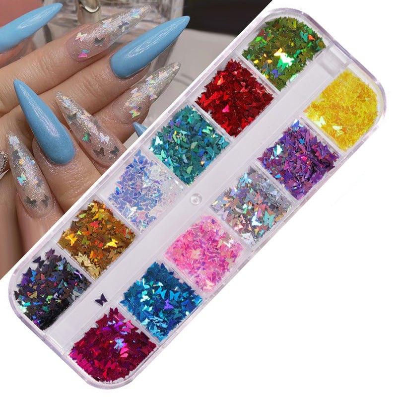 FDMD017 Hot Selling Nail Art Sequins, Heart Laser Symphony Butterfly Fluorescent Luminous Sequins, Boxed