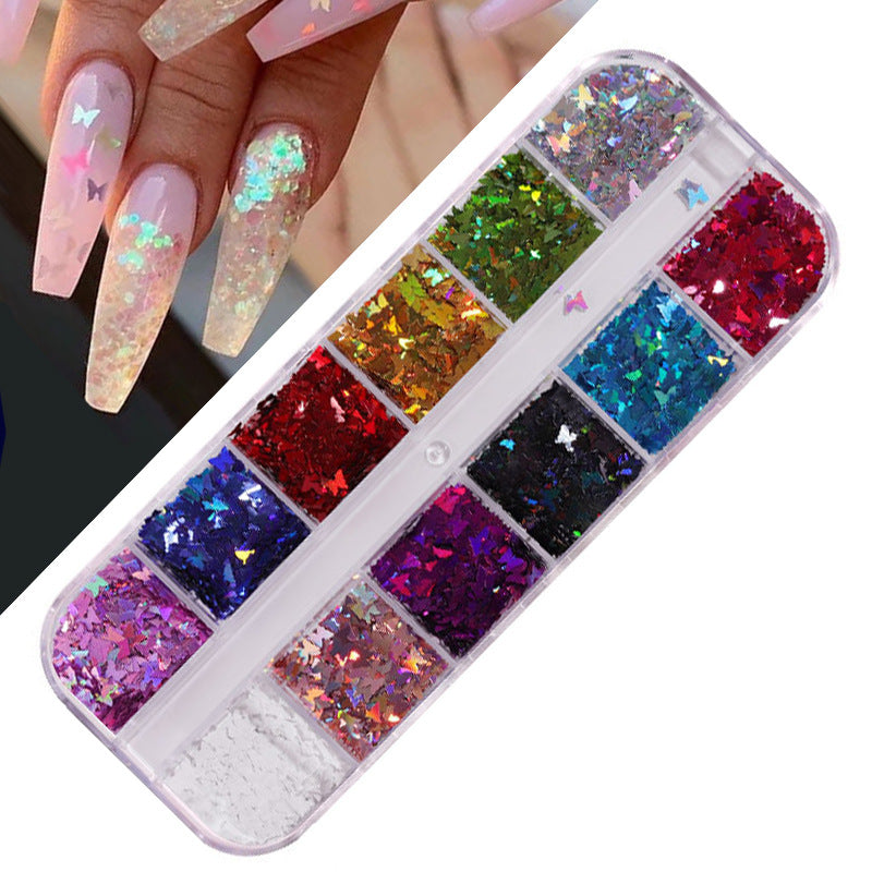 FDMD017 Hot Selling Nail Art Sequins, Heart Laser Symphony Butterfly Fluorescent Luminous Sequins, Boxed