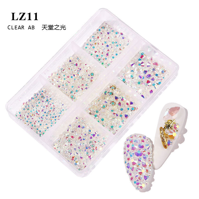 FDMA003 Manicure, flat bottom mixed color AB, porcelain white, champagne, 6 grid nail jewelry with diamonds