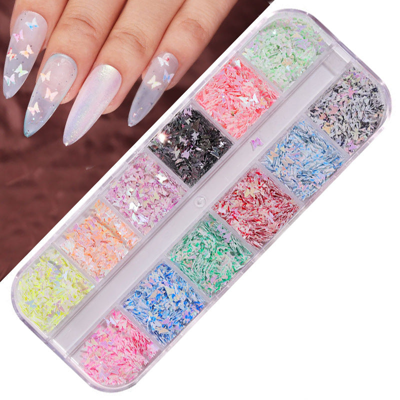 FDMD017 Hot Selling Nail Art Sequins, Heart Laser Symphony Butterfly Fluorescent Luminous Sequins, Boxed
