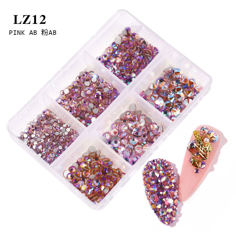 FDMA003 Manicure, flat bottom mixed color AB, porcelain white, champagne, 6 grid nail jewelry with diamonds