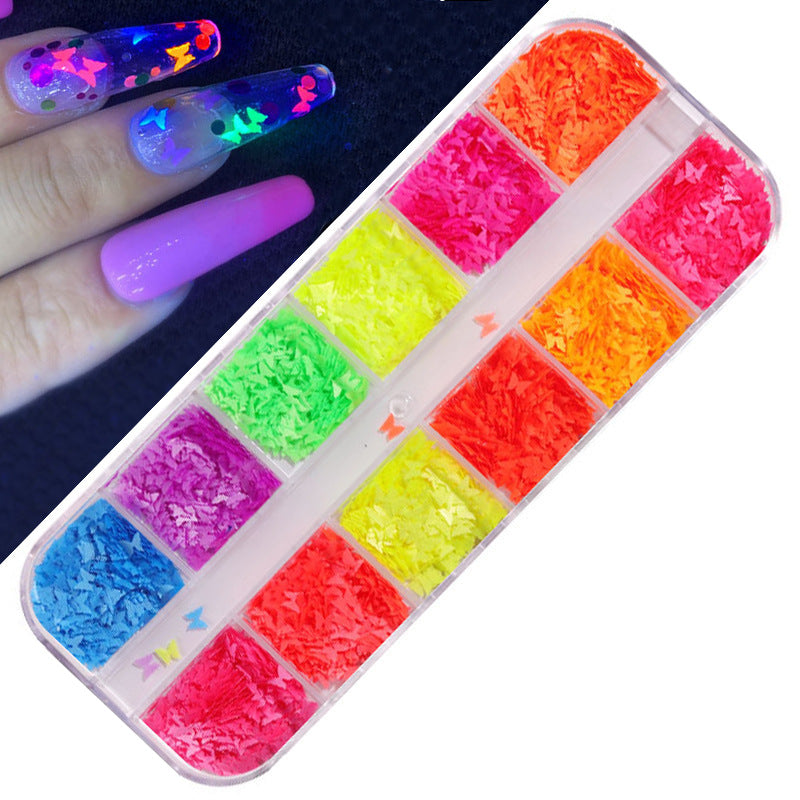 FDMD017 Hot Selling Nail Art Sequins, Heart Laser Symphony Butterfly Fluorescent Luminous Sequins, Boxed