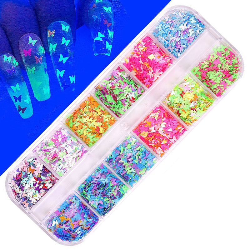 FDMD017 Hot Selling Nail Art Sequins, Heart Laser Symphony Butterfly Fluorescent Luminous Sequins, Boxed