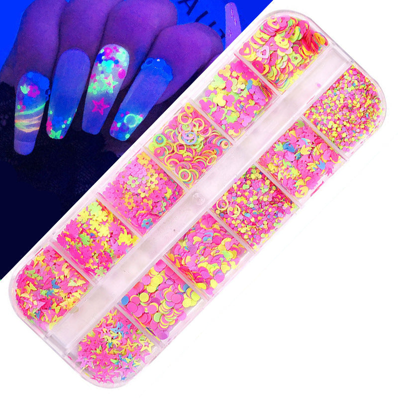 FDMD017 Hot Selling Nail Art Sequins, Heart Laser Symphony Butterfly Fluorescent Luminous Sequins, Boxed