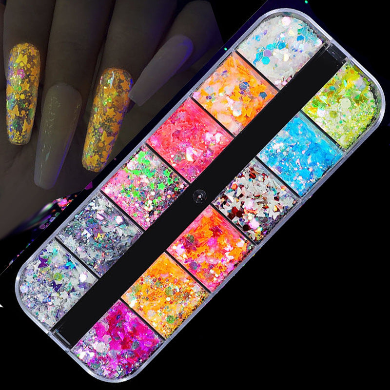 FDMD017 Hot Selling Nail Art Sequins, Heart Laser Symphony Butterfly Fluorescent Luminous Sequins, Boxed