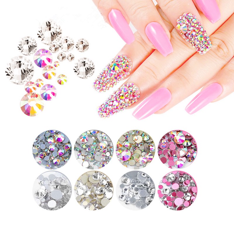 NRS005 ForLife New 8 Colors Muliti Size 1440 Pcs Mix Size AB Crystal Glass Rhinestones Nail Non Hotfix Flatbacks Nail Decorations