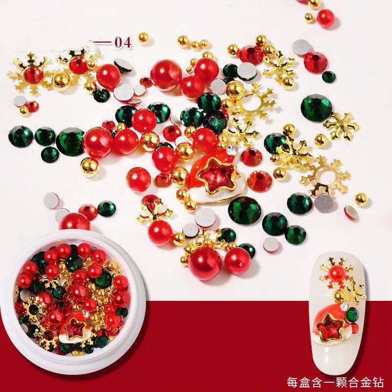 CHS008  Christmas Nail Wheel Glitter Rhinestone Nail Art Decorations Mixed Snowflake Santa Hats 3D Metal Alloy Jewelry