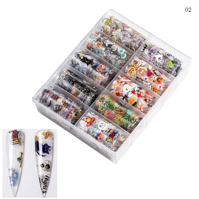 CHS016  Set of 10pcs christmas Nail Foil (10 colors) transfer Paper Decals Nail Art Transfer Sticker Halloween Nail Tool