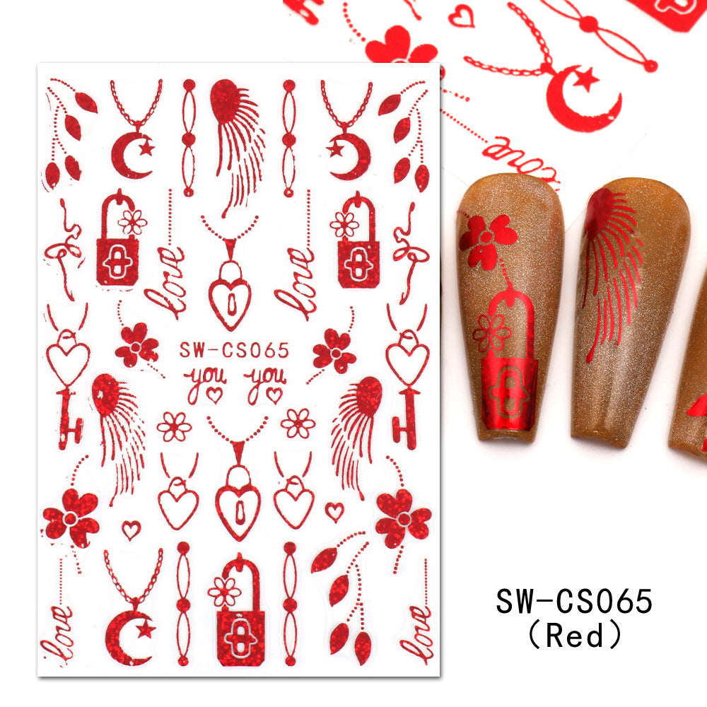VAL011  Valentine's Day Nail Art Stickers Wholesale Hot Gold Silver Red Love Creed Chain Through Heart Decals Nail Stickers