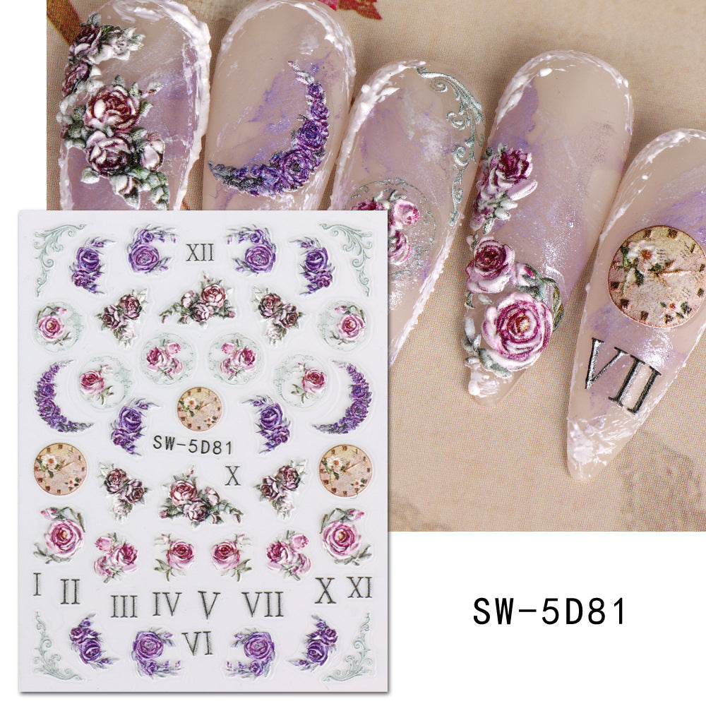 VAL004  Spring manicure stickers wholesale ins retro 5D embossed flowers, grass, roses, birds, clock nail decals