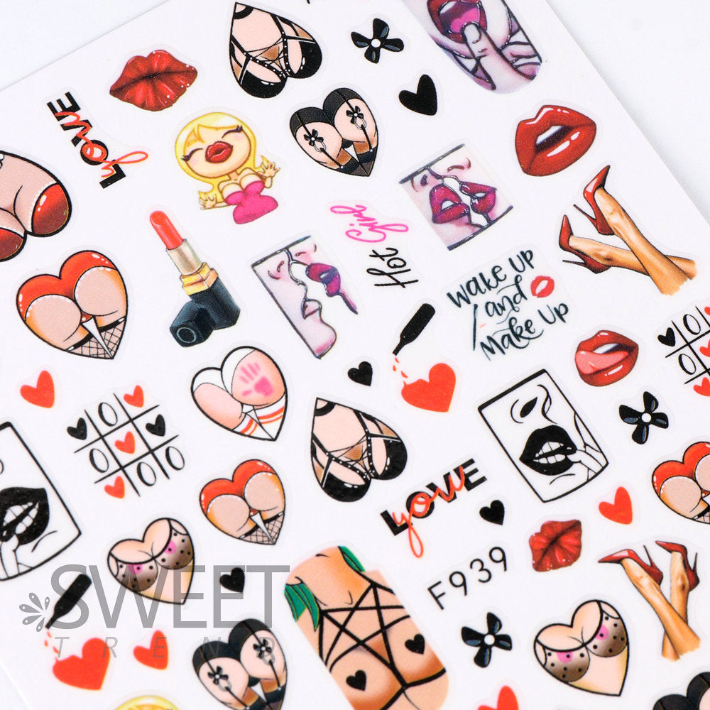 VAL019 Valentine's Day Nail Art Stickers Wholesale Ins Hot Style Red Lips Sexy Heart LOVE Cartoon Bear Nail Decal
