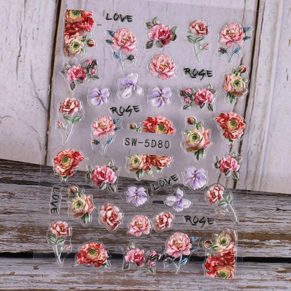 VAL004  Spring manicure stickers wholesale ins retro 5D embossed flowers, grass, roses, birds, clock nail decals