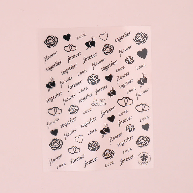 VAL012  New nail art stickers ins Valentine's Day love rose flower English letters gold and silver black back glue nail stickers