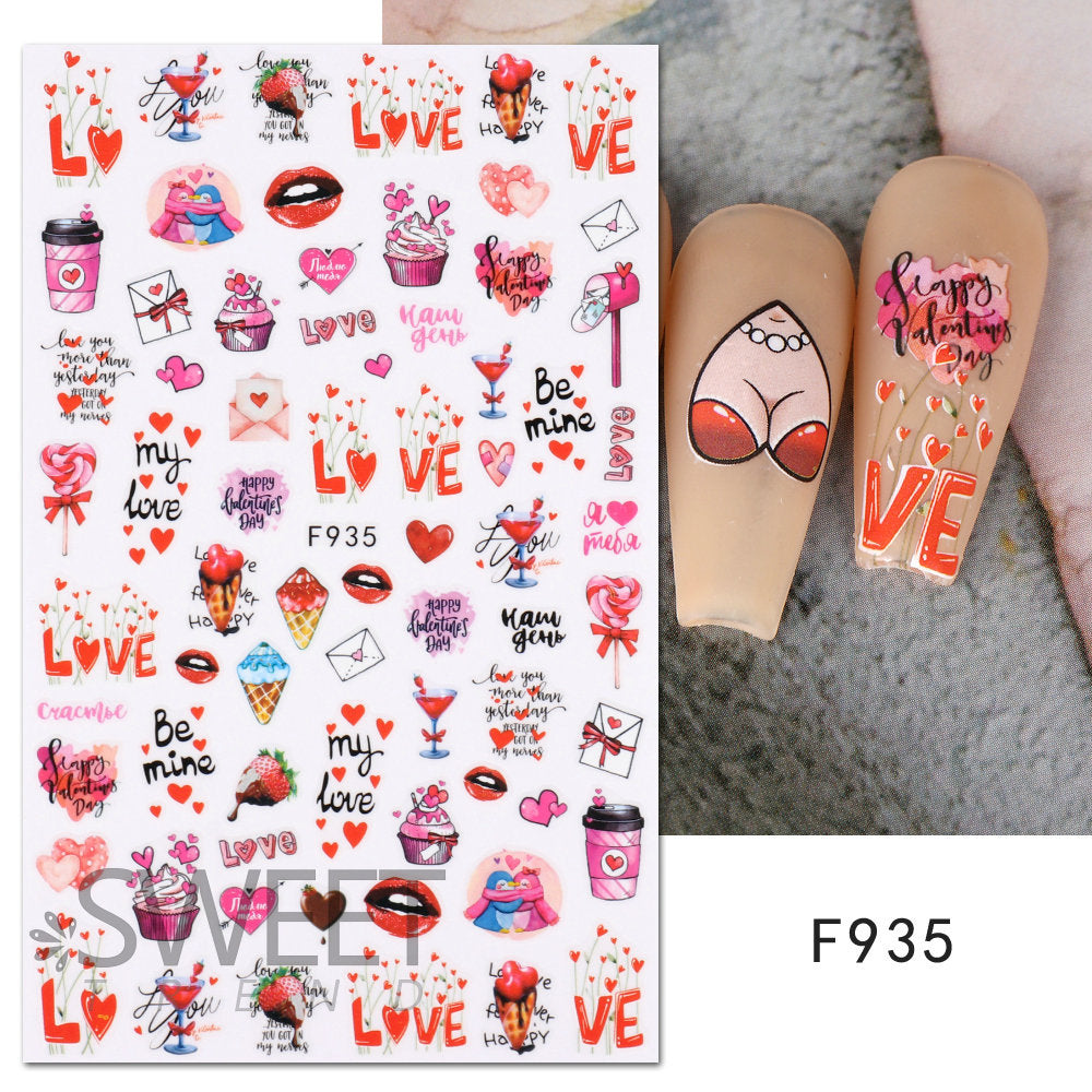 VAL019 Valentine's Day Nail Art Stickers Wholesale Ins Hot Style Red Lips Sexy Heart LOVE Cartoon Bear Nail Decal