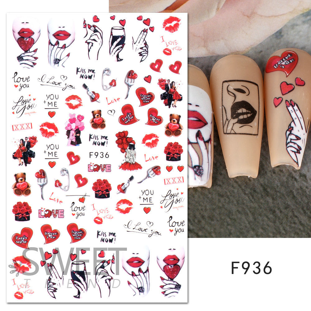 VAL019 Valentine's Day Nail Art Stickers Wholesale Ins Hot Style Red Lips Sexy Heart LOVE Cartoon Bear Nail Decal